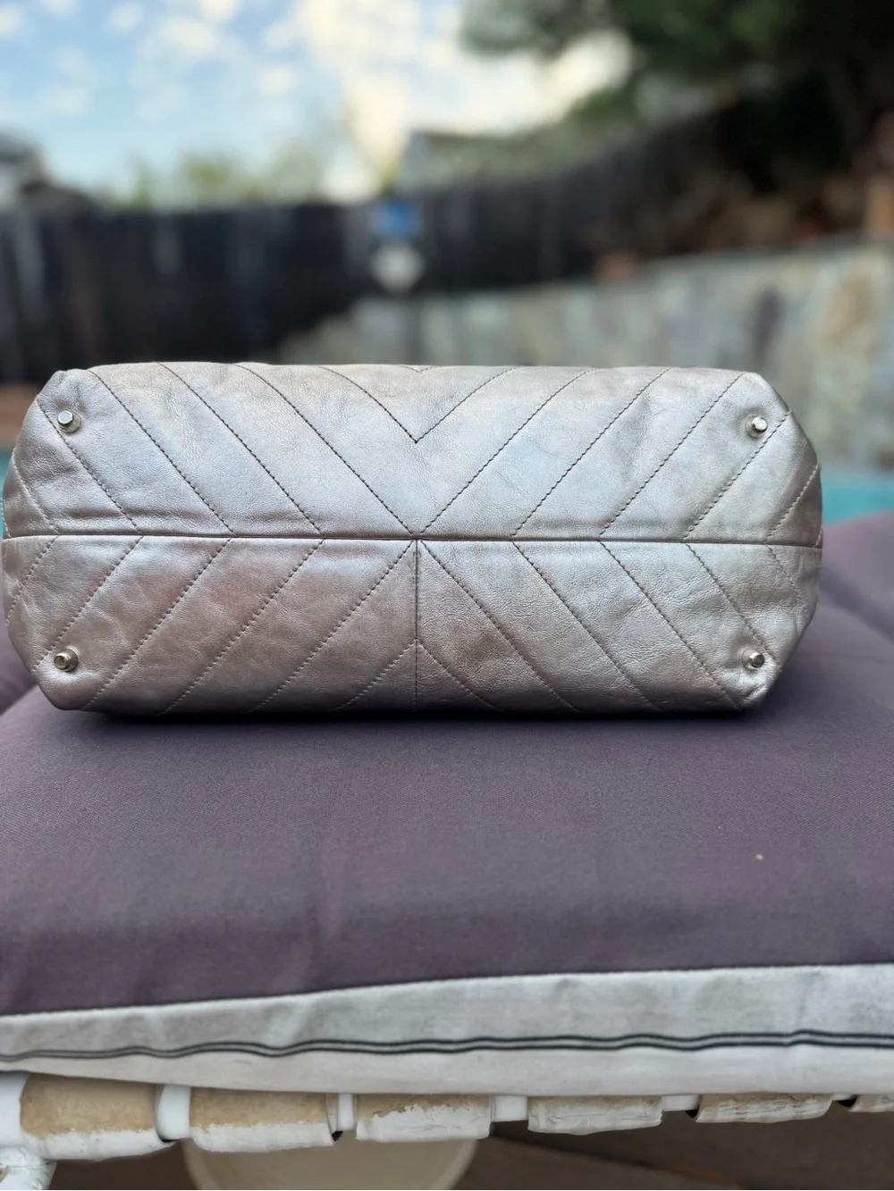Furla Metallic Silver Leather Chevron Quilted Tote Tassel Bag VGUC Y2K